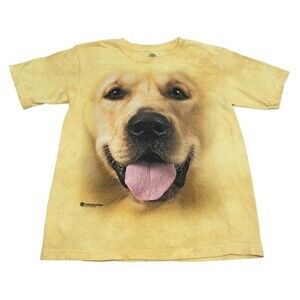𝅺The Mountain Yellow Golden Retriever‎ Dog Big Face Short Sleeve Tee Youth Sz L